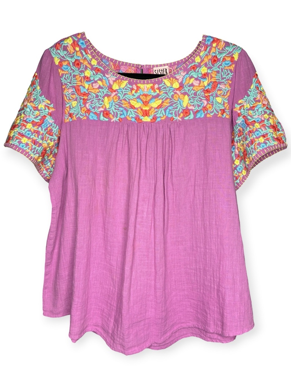 Sister Mary M Viva Frida Embroidered Boho Top Pink Purple *flaws*